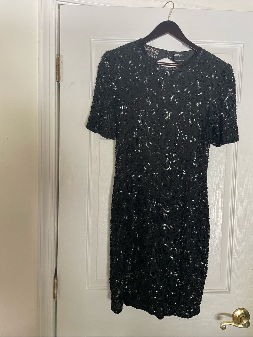 Silk Robert Anthony Black Cocktail Dress with Sequin Swirl Embellishment-10 EUC